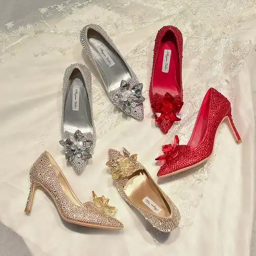 【现货】一件代发 灰姑娘尖头高跟鞋女水晶鞋银色婚纱照新娘婚鞋