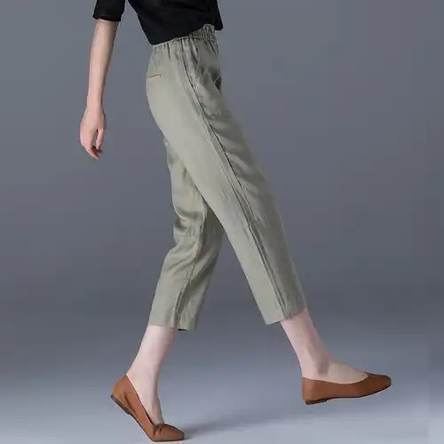 亚麻裤女夏季薄款棉麻女裤休闲九分八分裤萝卜裤绿色裤子夏哈伦裤