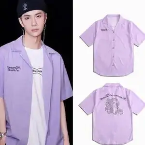 王一博101明星同款衣服春夏季ins潮男女宽松百搭紫色短袖外套衬衫