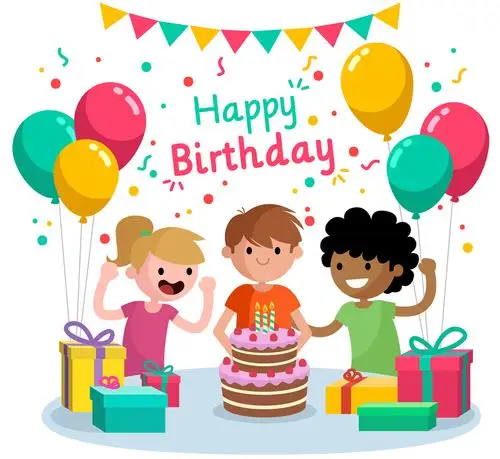 卡通生日派对上的3个儿童矢量素材