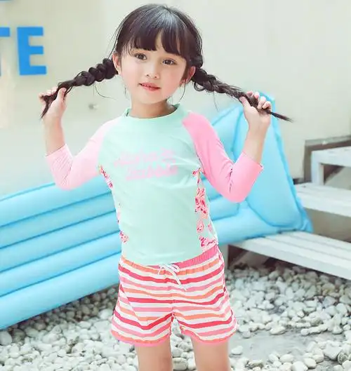 儿童泳衣宝宝中大童粉色条纹系带可爱女孩沙滩裤温泉运动系统泳裤