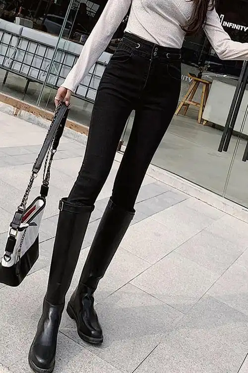 黑色九分牛仔裤女复古港味新款高腰修身显瘦百搭小脚铅笔裤潮