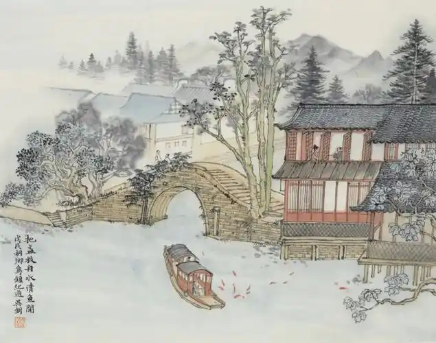 萍踪江南系列·乌镇的小桥流水人家30x38cm 纸本设色绍兴砚旅系列