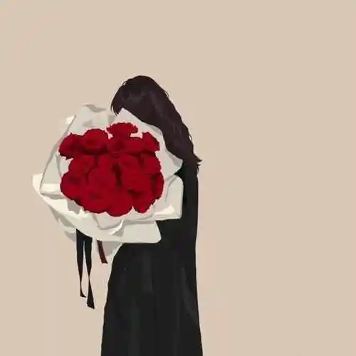 手绘风情侣侧脸背影手拿玫瑰花情人节专属头像!