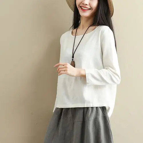 长袖女上衣春秋新款韩版棉麻宽松t恤文艺森女亚麻大码白色打底衫