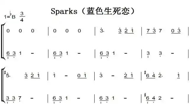 sparks蓝色生死恋钢琴谱简谱双手简谱下载