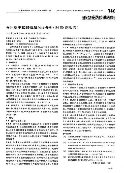 分化型甲状腺癌漏误诊分析(附86例报告)