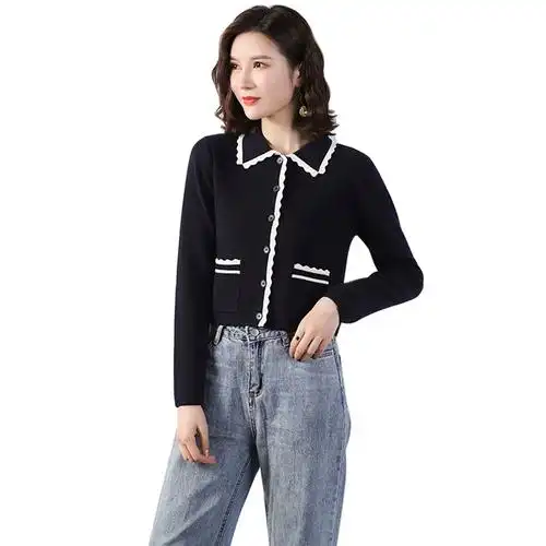 初秋波浪纹开衫外套女短款撞色羊毛针织毛衣polo领宽松外穿羊毛衫