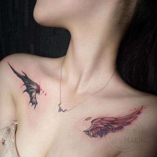 【新款】纹身贴天使恶魔翅膀锁骨肩膀暗黑系卡通防水持久女男刺青