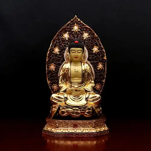 佛像鎏金释迦牟尼如来纯铜背光光溜金工艺家居中摆件