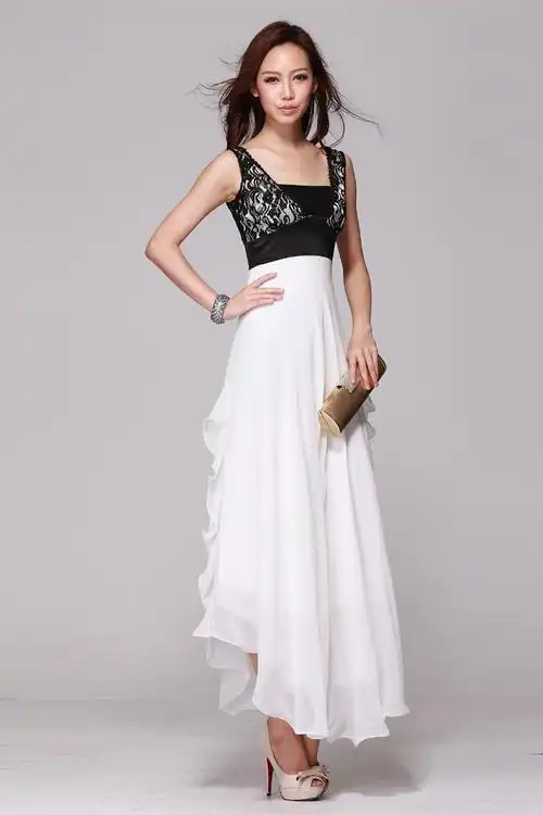 欧美女装 黑白经典高端拼接晚礼服连衣裙长裙