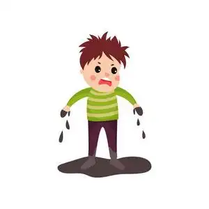 肮脏的衣裳和脏的手站立在泥水坑的哀伤的男孩矢量卡通人物坑牛犬无缝