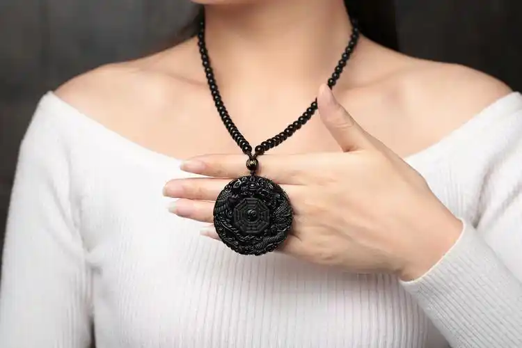 金曜石黑曜石龙凤牌太极八卦吊坠男士项链女款项坠开光五行护身符