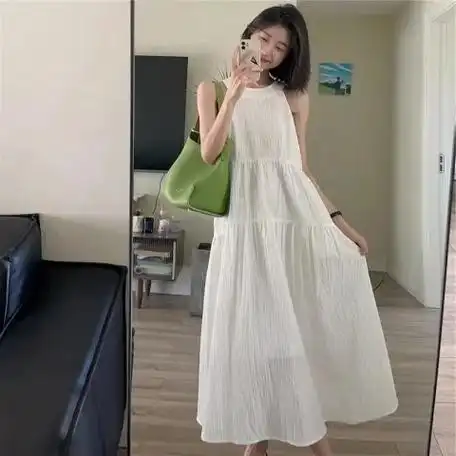 夏装新款大码女装度假风挂脖连衣裙宽松显瘦设计a字裙m-4xl200