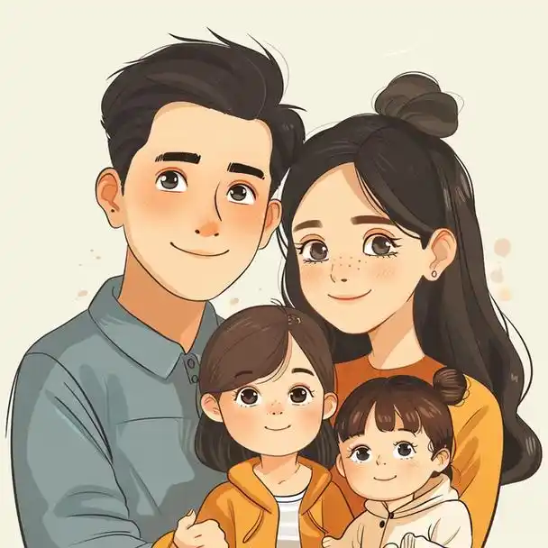 亲子头像|一家四口双胞胎女宝手绘创意插画