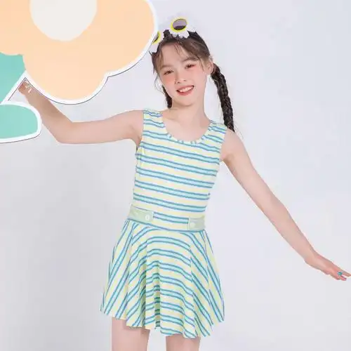 2022新款儿童连体平角泳衣女童大童保守裙式温泉度假可爱宝宝泳装