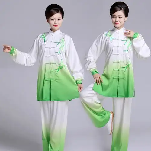 渐变绿色太极服装表演练功刺绣竹子男女演出服太极服