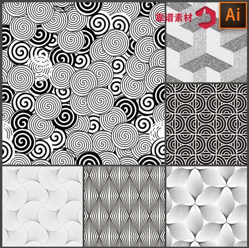 黑白简单曲线线条抽象几何无缝印花图案ai矢量设计素材