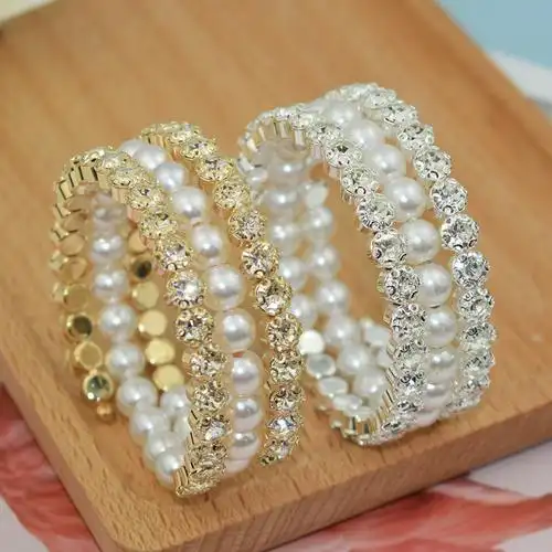 欧美简约手镯 三排满钻8mm珍珠开口手环手链厂家跨境速卖通货源