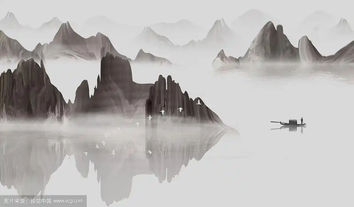 手绘新中式意境水墨山水画