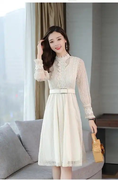 蕾丝连衣裙长袖秋装女2018新款韩版收腰显瘦气质百搭中长款打底裙