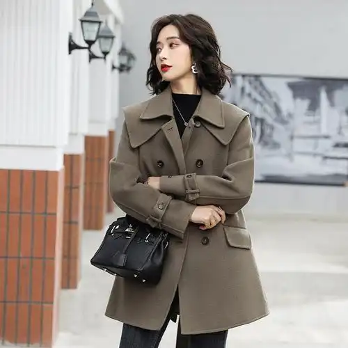 纯羊毛毛呢外套女小个子中长款收腰显瘦双层大翻领新秋冬呢子大衣