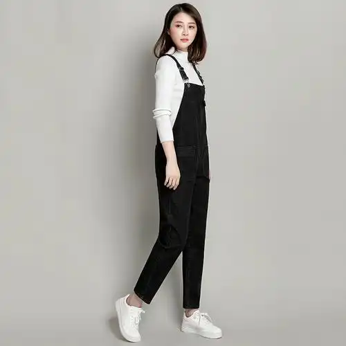 女装牛仔裤女春秋新款黑色宽松长裤修身大码背带裤韩版