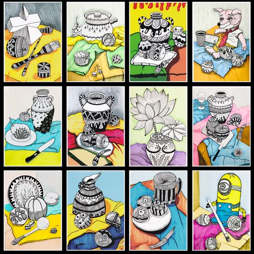 少儿创意美术临摹卡片马克笔彩色线描儿童画静物写生范画素材图片