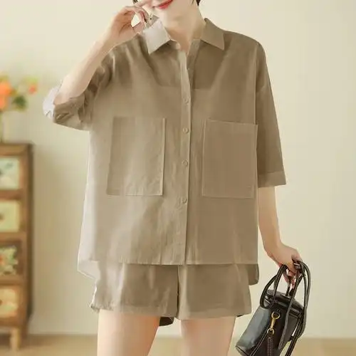 2775亚麻衬衫套装女夏薄款七分袖口袋文艺棉麻衬衣阔