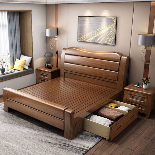 实木床简约现代中式胡桃木1.8米双人床1.5米单人床主卧高箱床婚床