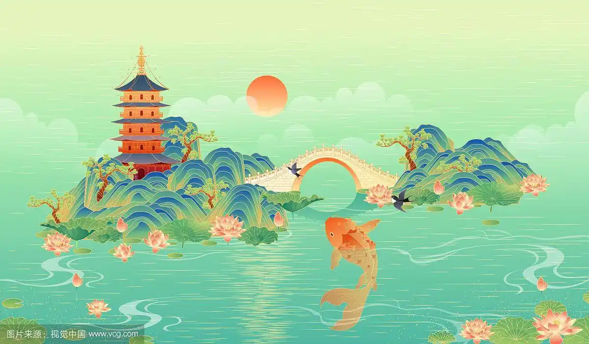 杭州西湖美丽的风景矢量插画