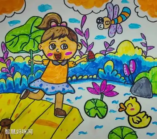 夏天的池塘儿童绘画简单