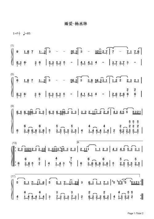 雨爱杨丞琳f调流行钢琴简谱