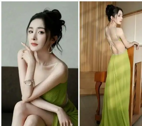 杨幂穿"露背 开衩 吊带连衣裙",秀美背美腿,草绿色清凉养眼