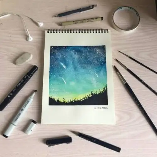 迷人的浩瀚星空水彩插画风景图片简单清爽的星空水彩画图片