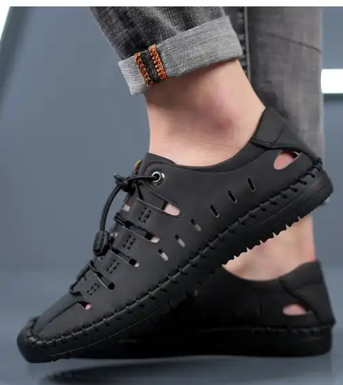 花花公子 凉鞋男潮夏季真皮包头洞洞鞋休闲外穿开车皮凉鞋男士皮鞋