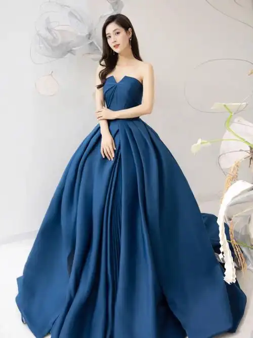 蓝色抹胸婚纱礼服2021高级质感婚礼晚宴舞台演出大气拖尾蓬蓬裙女