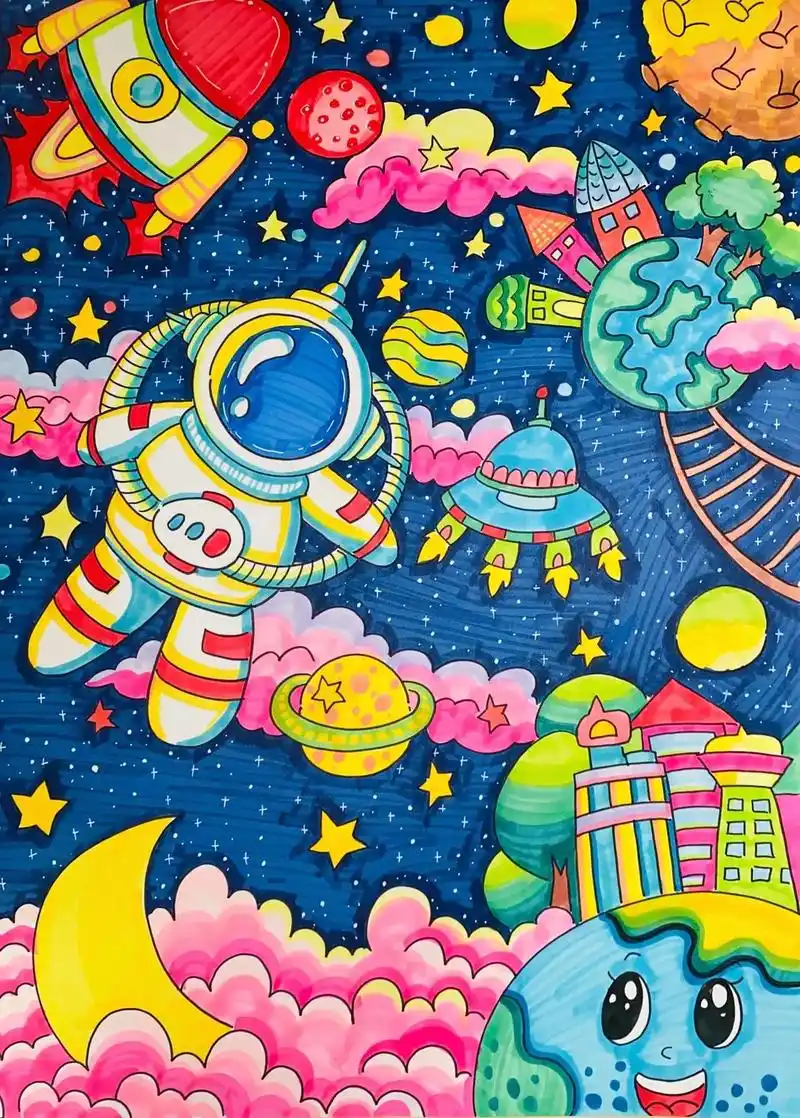 科幻 科技 宇宙主题画儿童画.创意说明:儿童科幻画 未来科 - 抖音