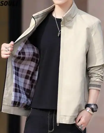 冬款立领男士外套新款加绒加厚休闲夹克男上衣秋装韩版潮流卡其常规m