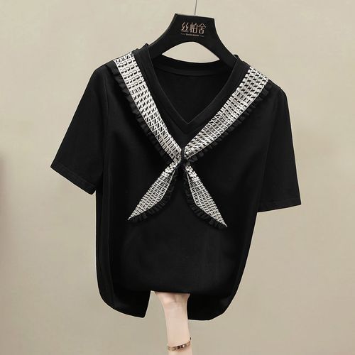 【v领拼接短袖t恤】夏装新女士简约套头显瘦常规款上衣有大码