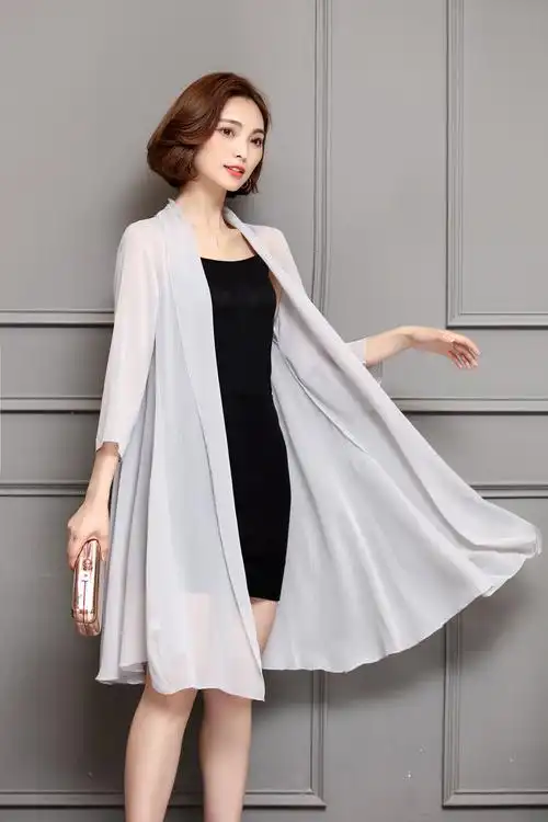 夏季雪纺衫上衣女款中年妈妈装防晒开衫中长款空调衫薄款外搭披肩