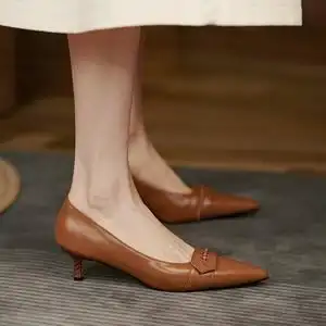 欧洲站法式欧美棕色小高跟鞋女细跟2022年夏季尖头真皮浅口单鞋女