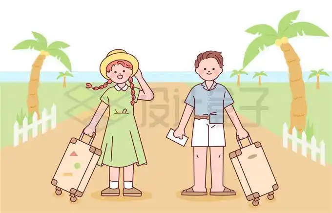 拖着行李箱出去旅行的卡通情侣插画1715200矢量图片免抠素材