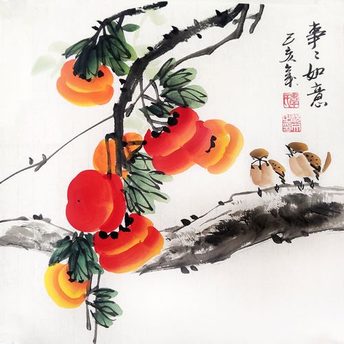 特价促销手绘国画写意水墨花鸟画小品斗方柿子国画