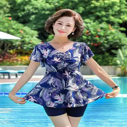 佑游泳衣女妈妈款遮肚显瘦分体保守中老年人大码温泉款女士游泳衣泳装