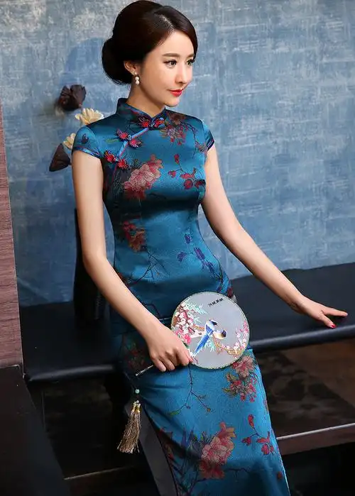 an夏季新款复古长款桑蚕丝印花旗袍