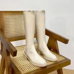 【女王家】秋冬新款v口不过膝长靴女中跟粗跟高筒白色长筒骑士靴