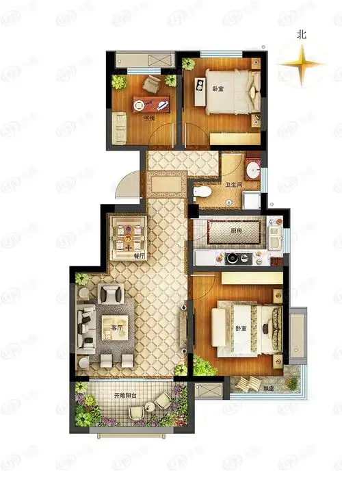 学府华园h户型90㎡三室二厅一卫户型图
