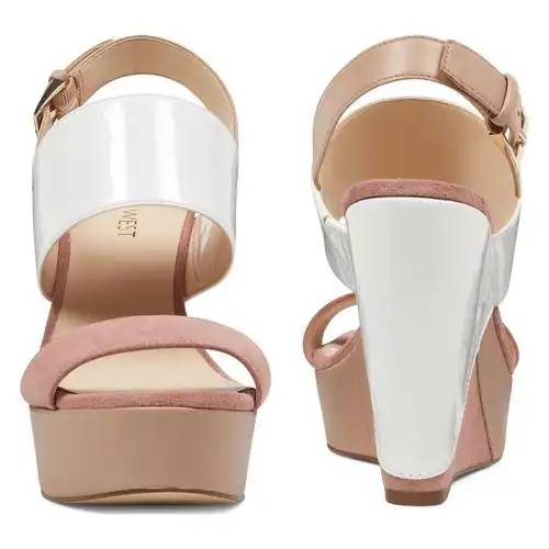 west 2018初春新品拼撞色磨砂简约一字带坡高跟露趾女凉鞋- 美国代购