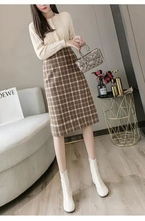 暖青汇半身裙 暖青汇毛呢格子半身裙女秋冬高腰显瘦小个子过膝中长款